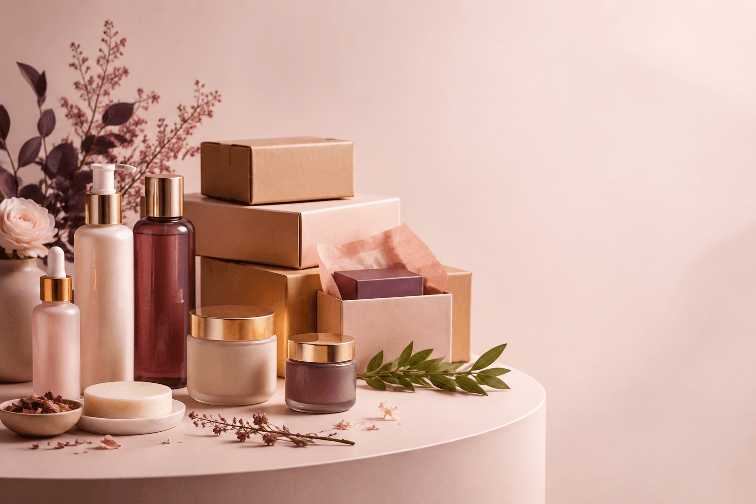 Unbranded beauty products prepared for ecommerce operations