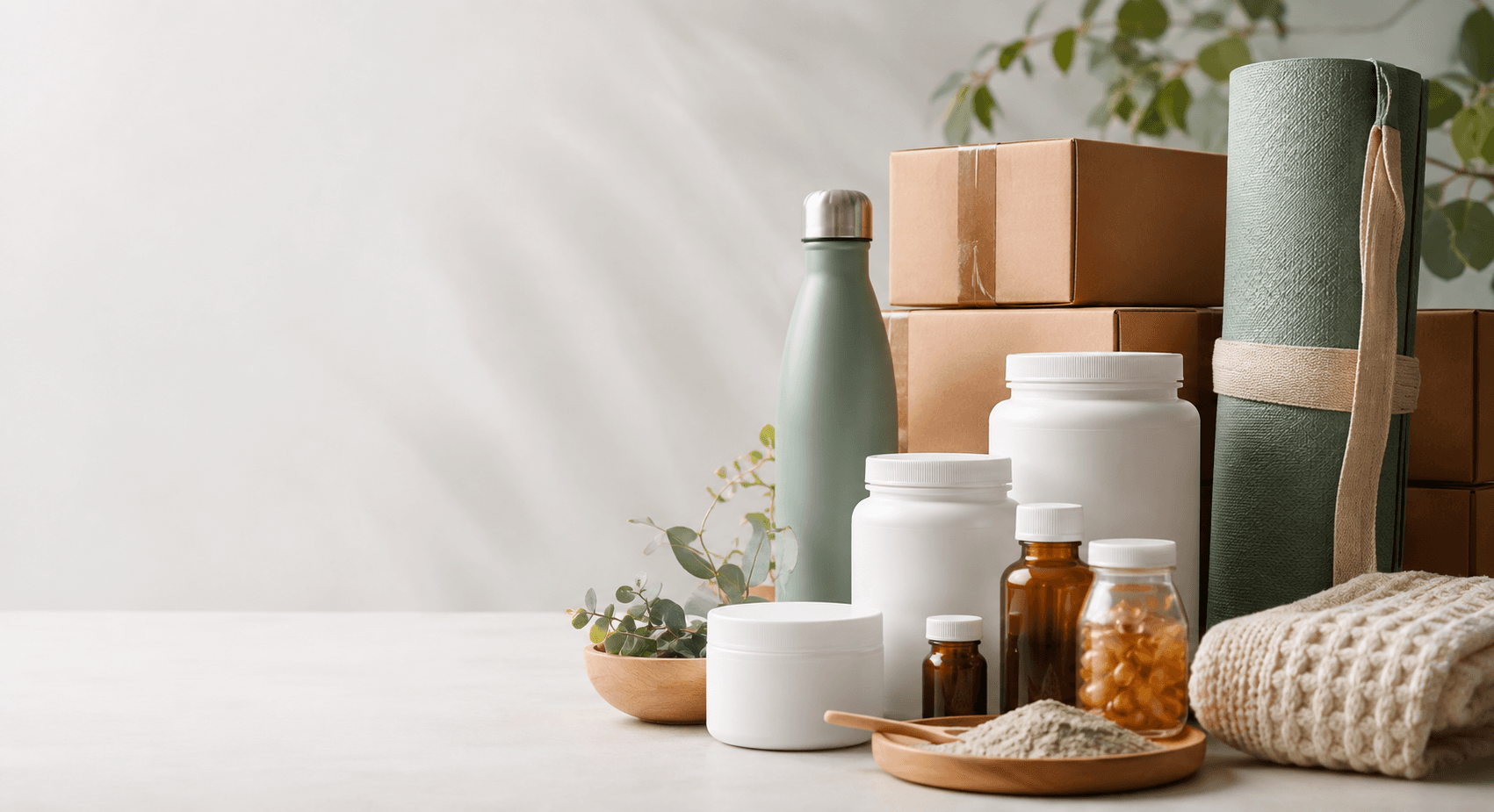 Unbranded wellness products organized for careful ecommerce fulfilment