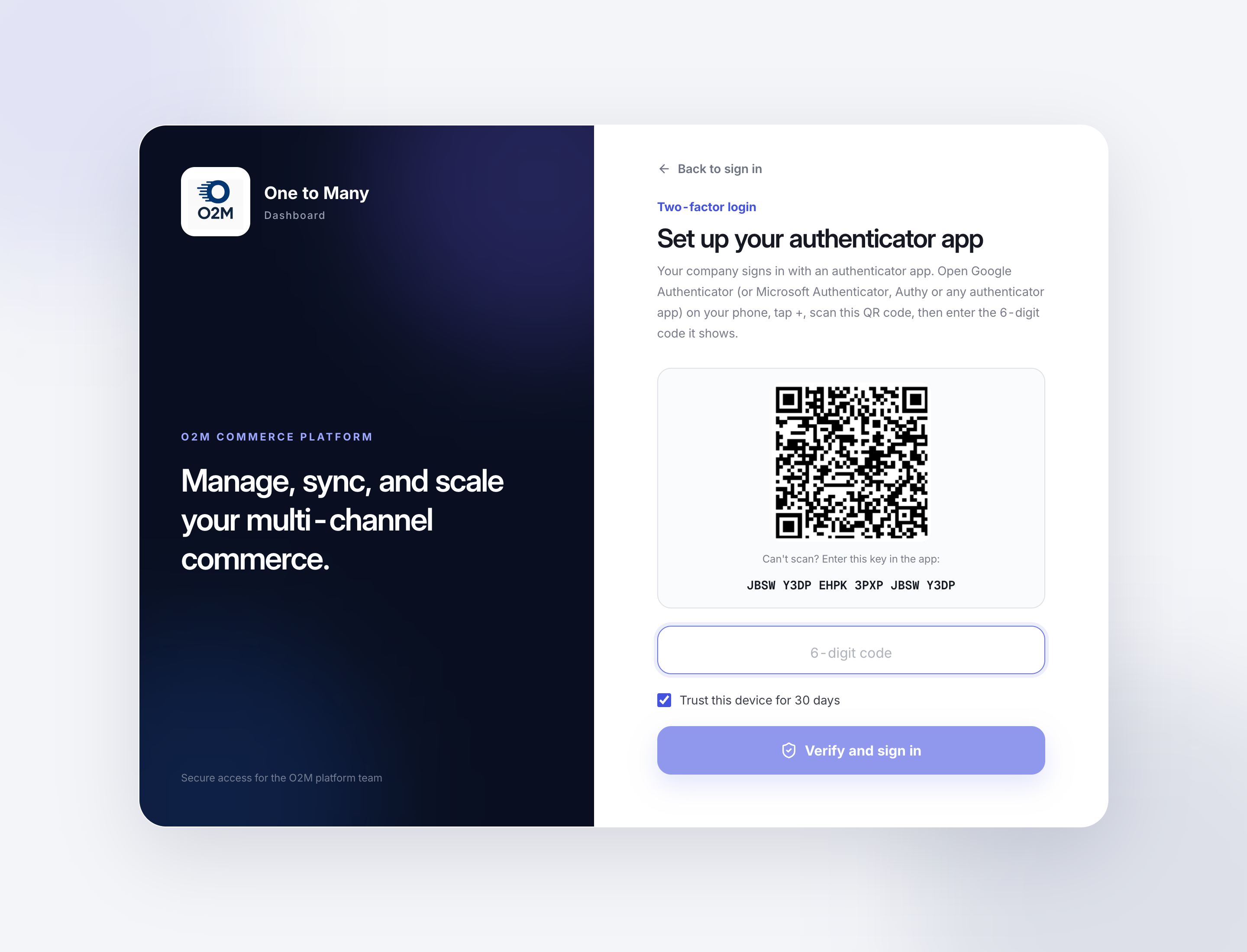 Set up your authenticator app: scan the QR code, or enter the key by hand.