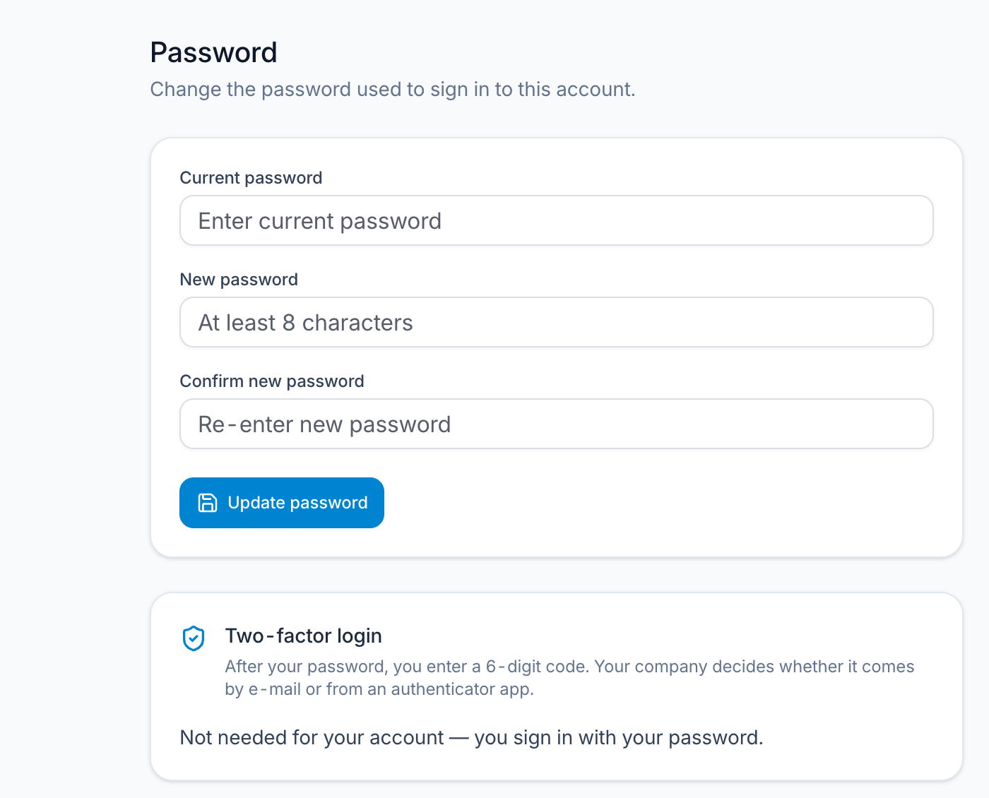Settings → Security: Password and Two-factor login.