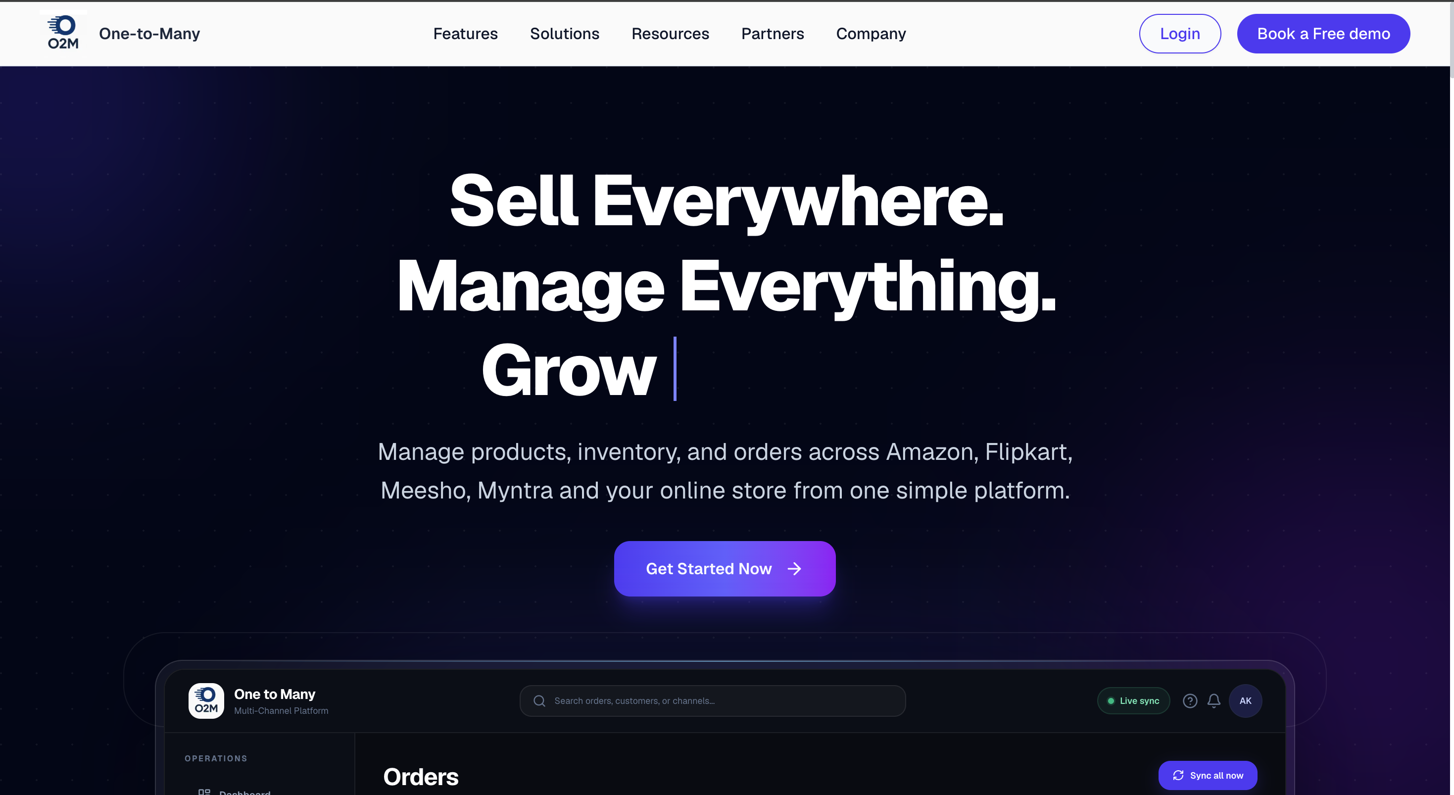 The O2M website. Login is at the top right, next to Book a Free demo.