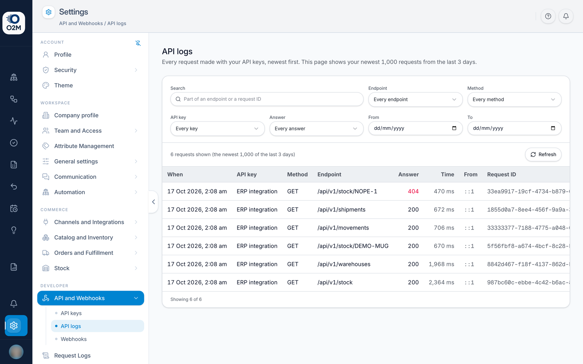Settings → API and Webhooks → API logs.
