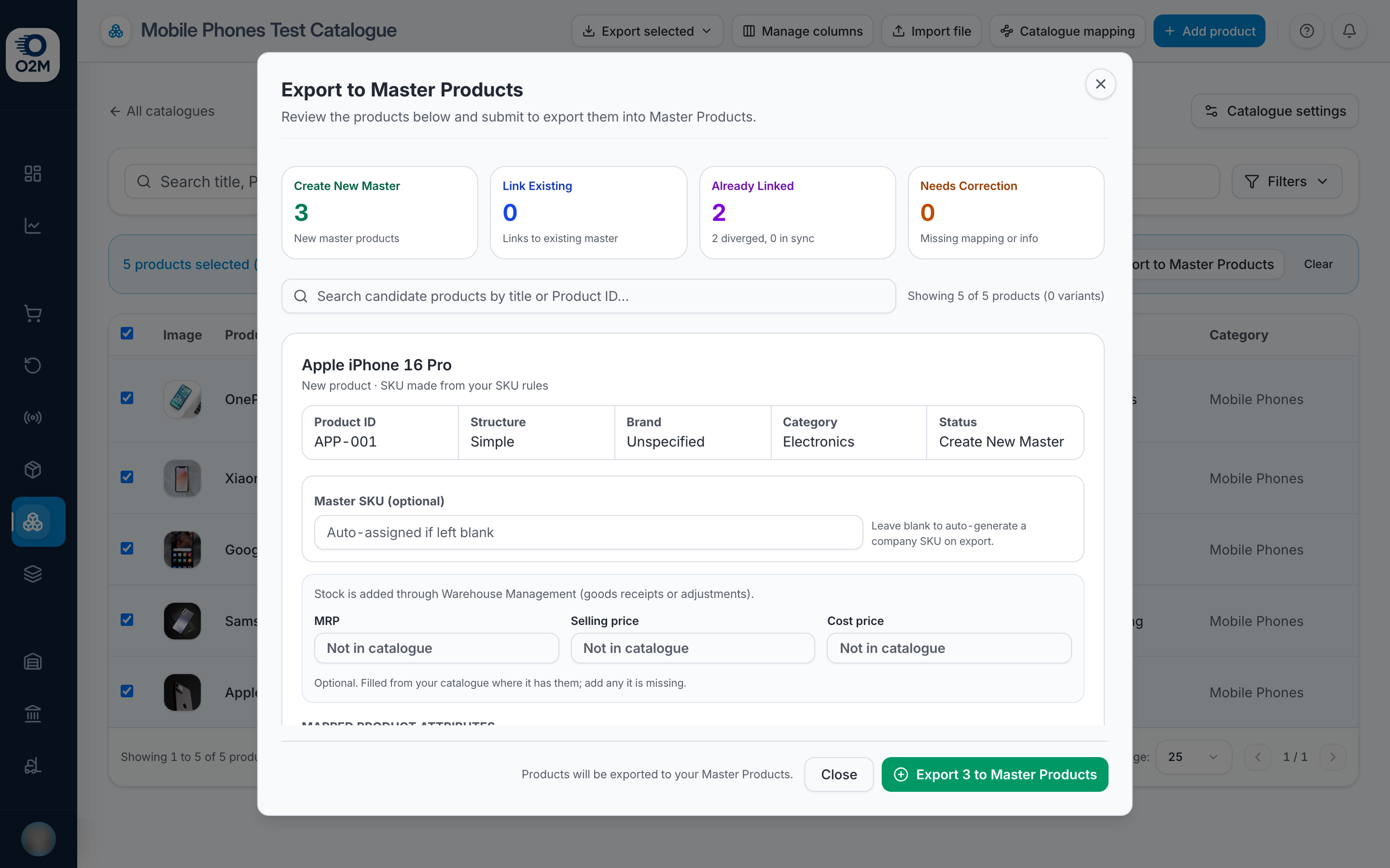 Export to Master Products: the preview before anything is created.