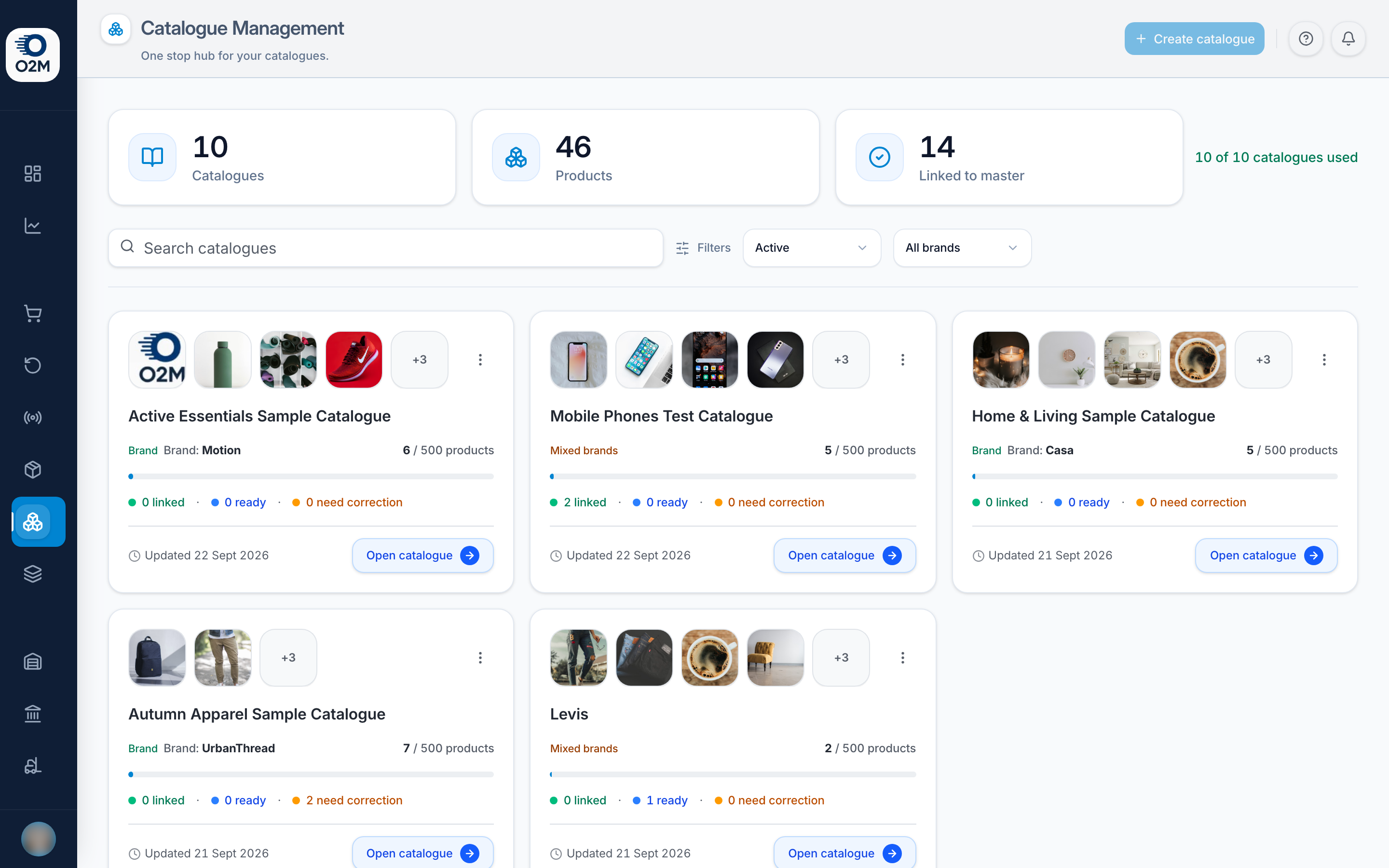 Catalogue Management: every catalogue with its products, linked count and status.