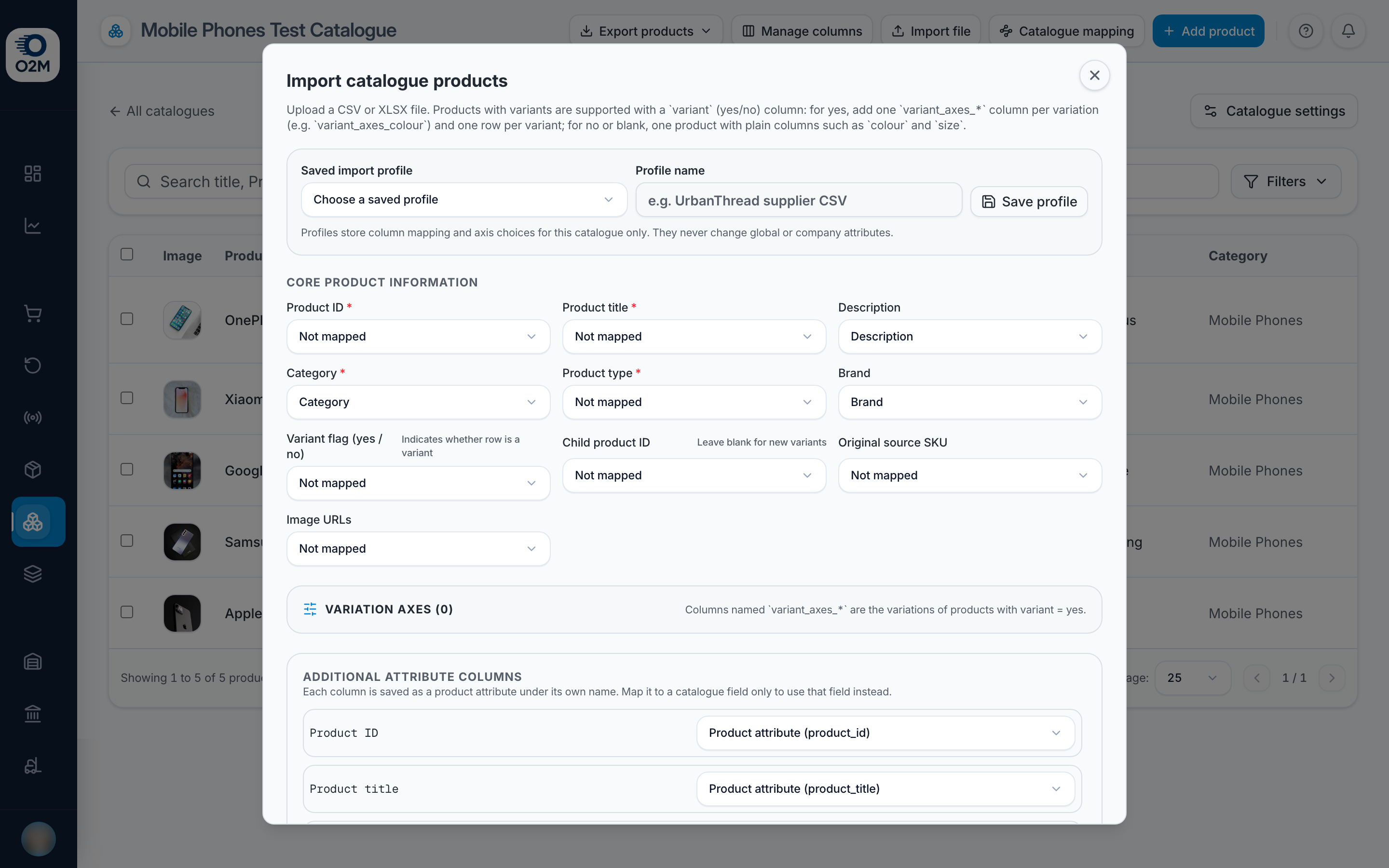 Matching file columns to catalogue fields.