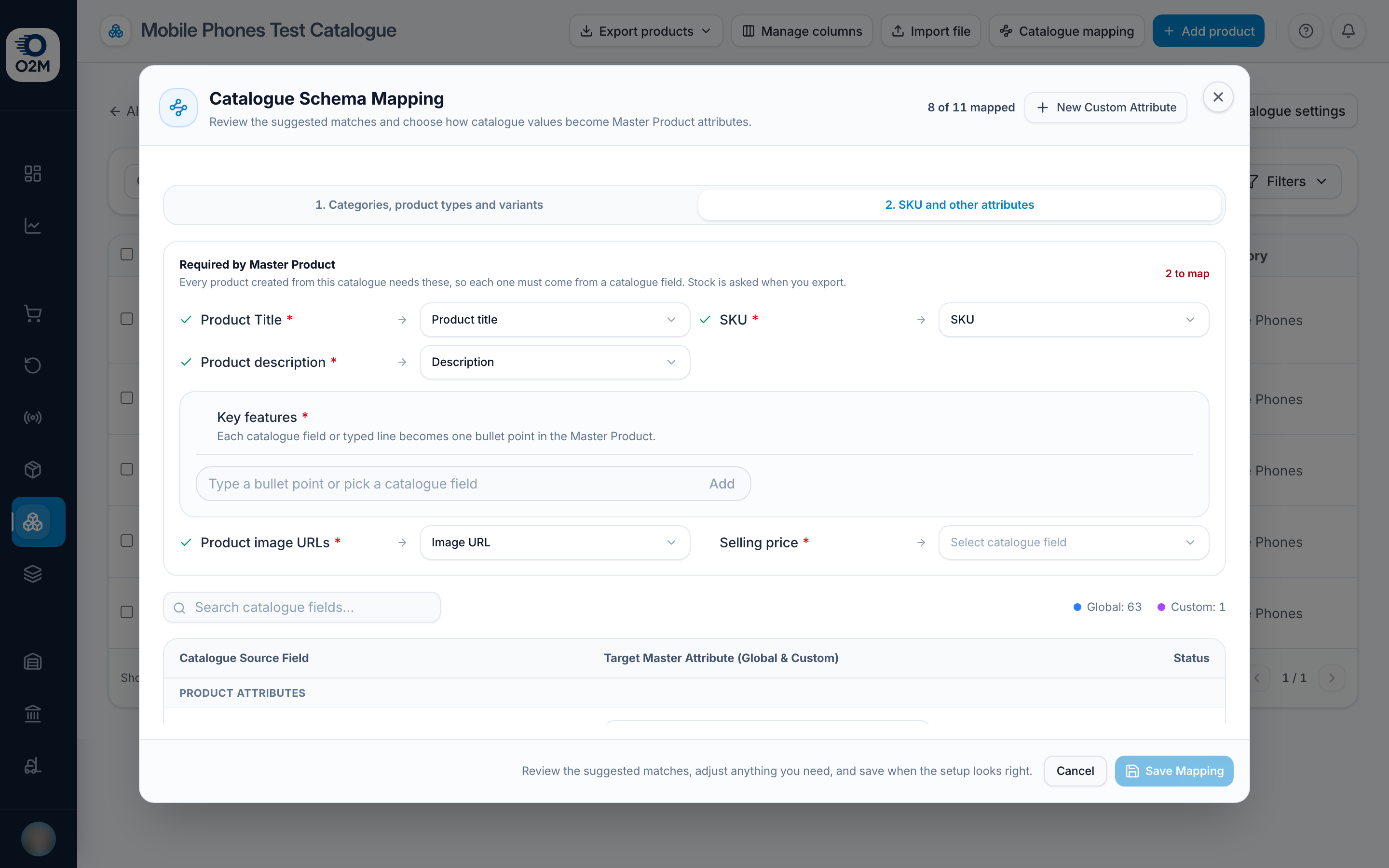Step 2: required fields, other columns and key features.