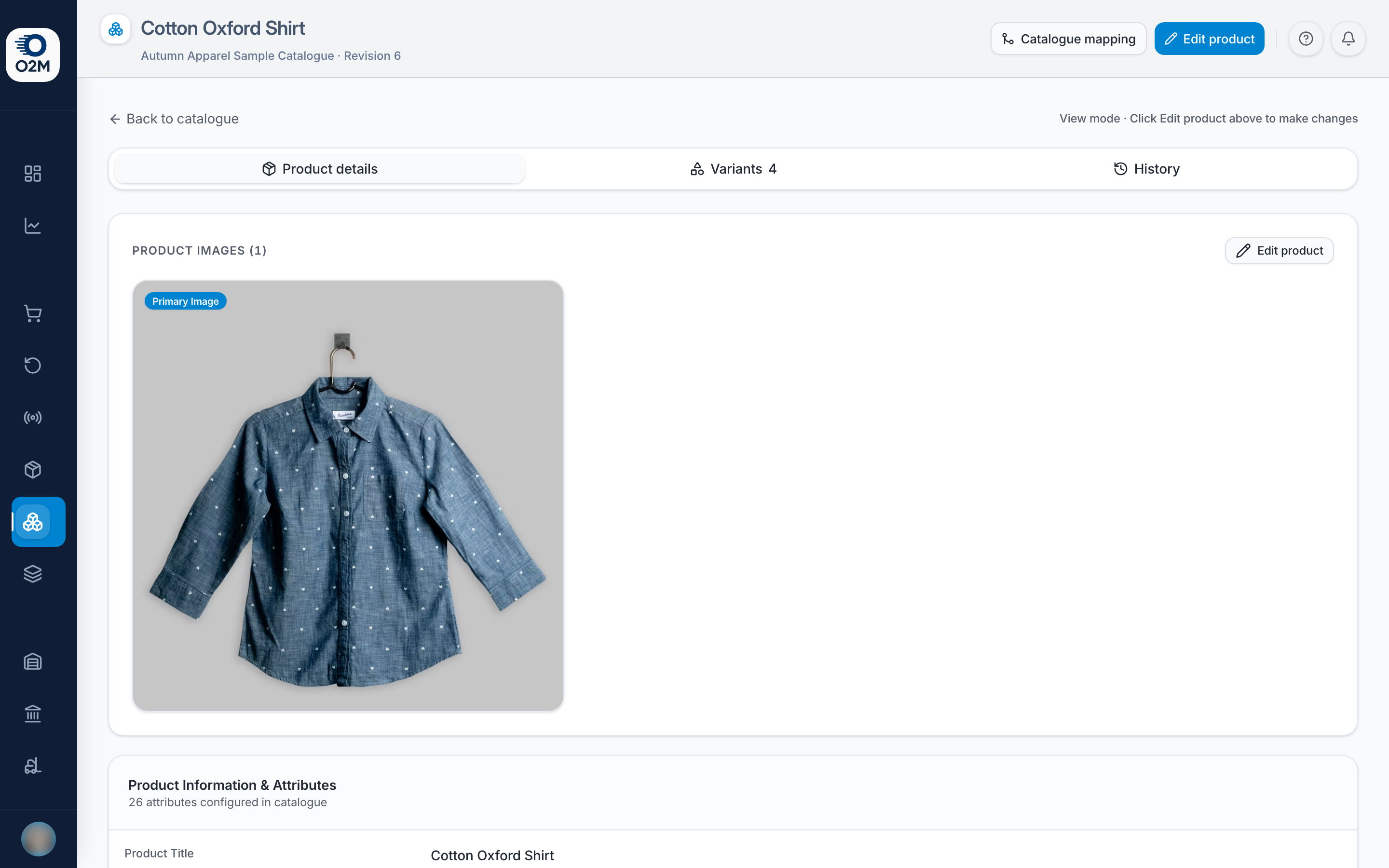 A catalogue product: Product details, Variants and History.