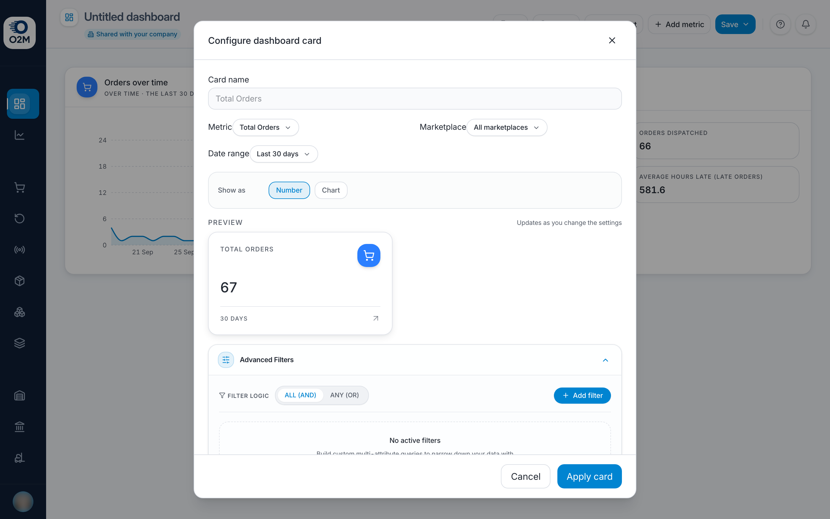 Configure dashboard card: name, metric, marketplace, date range, Show as, preview and Advanced Filters.