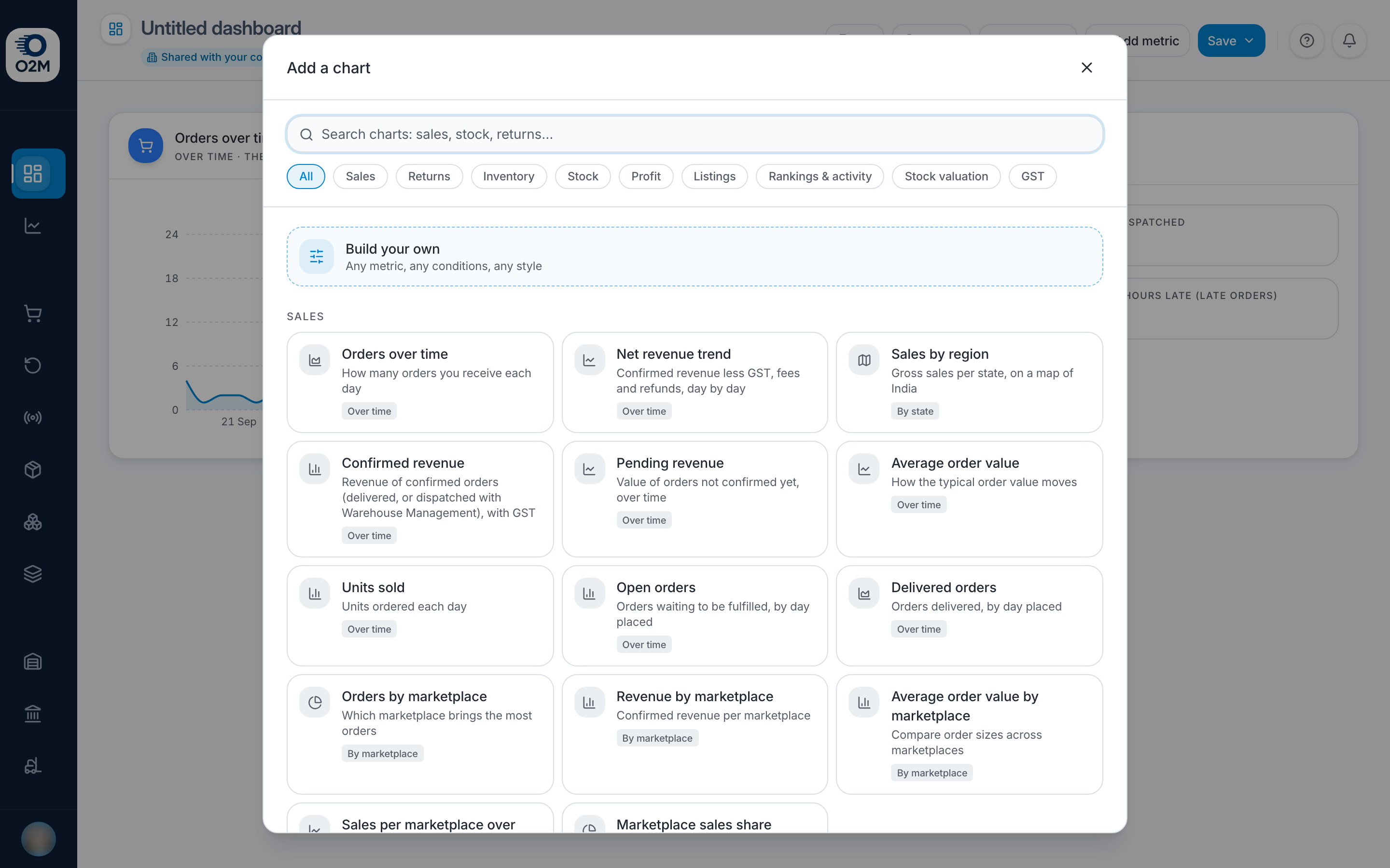 Add a chart: search, topics, Build your own and the ready-made charts.