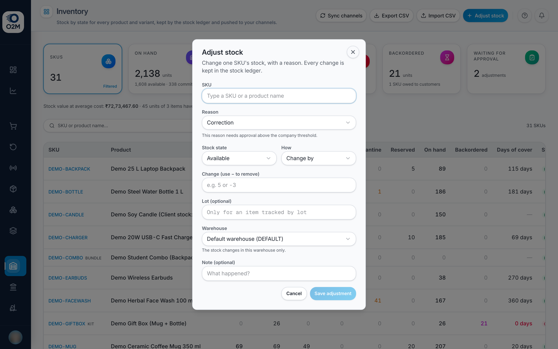 The Adjust stock dialog: warehouse, reason, change and the preview of balances.