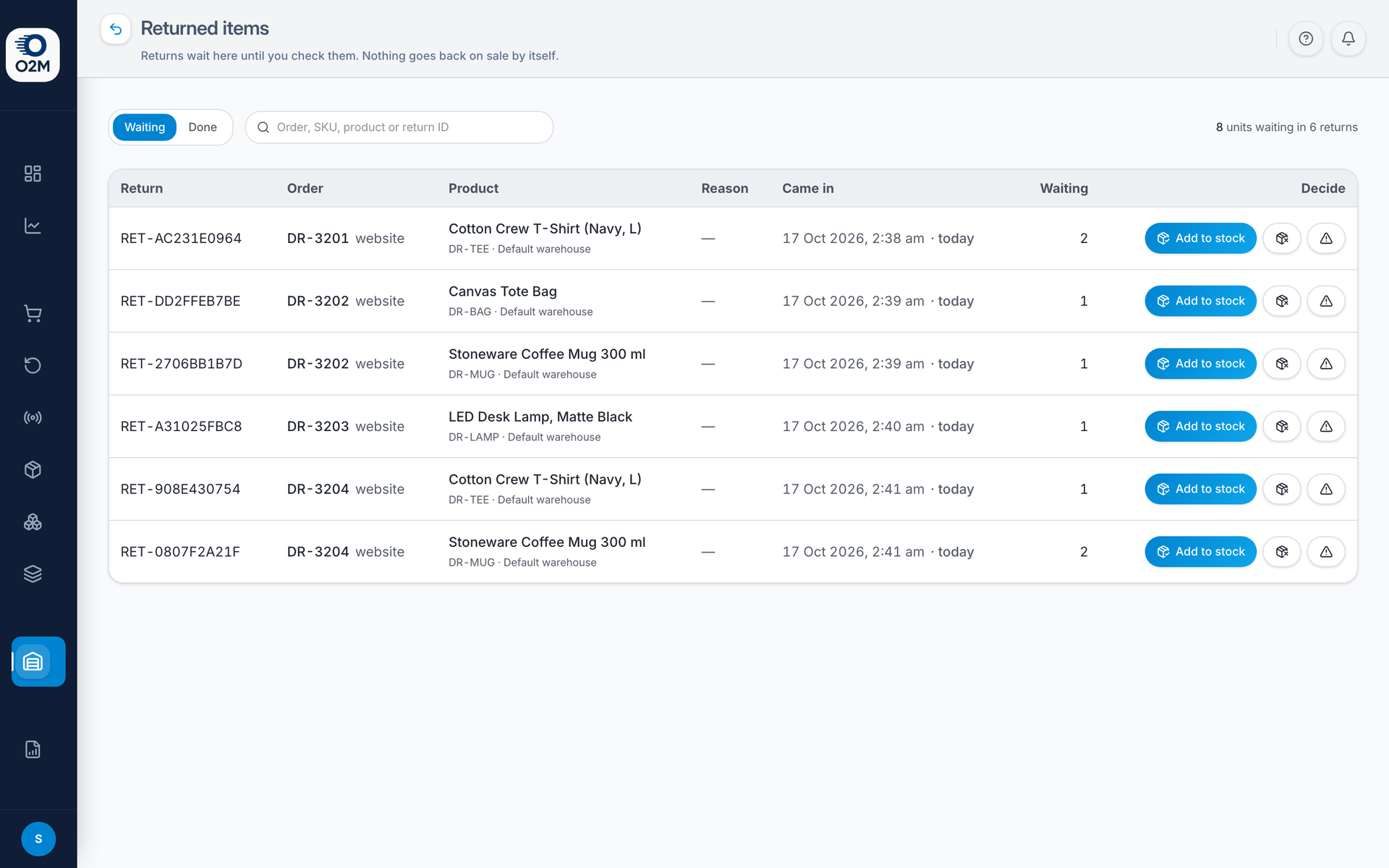 Stock → Inventory → Returned items