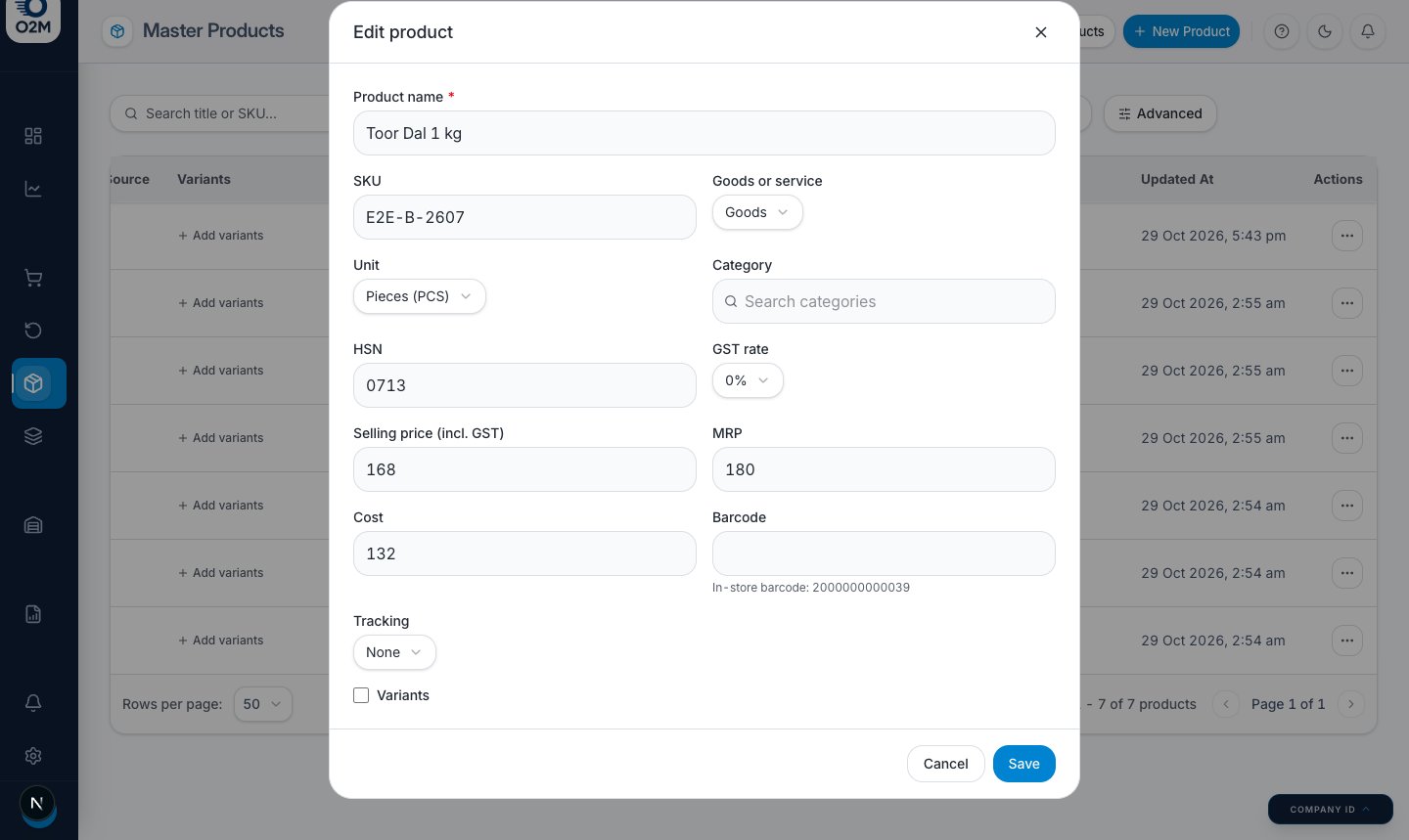 Edit product: unit, goods or service, GST rate and barcode