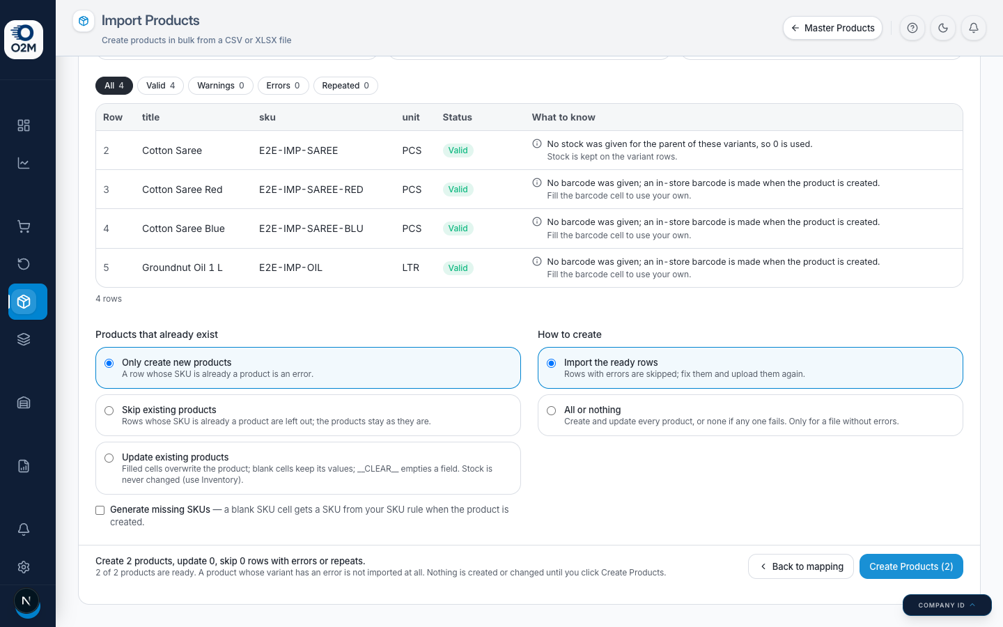 The review step with row status and what to know