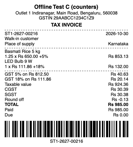 The same invoice on an 80 mm roll, with a barcode for quick returns