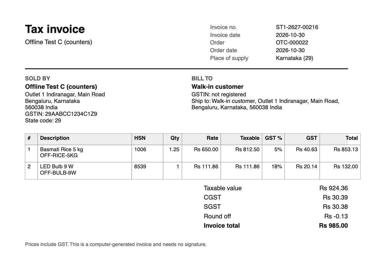 A4 tax invoice with HSN, GST per line and CGST/SGST totals