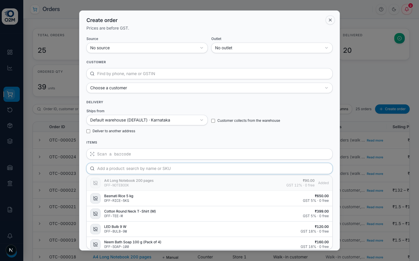 Create order with product search
