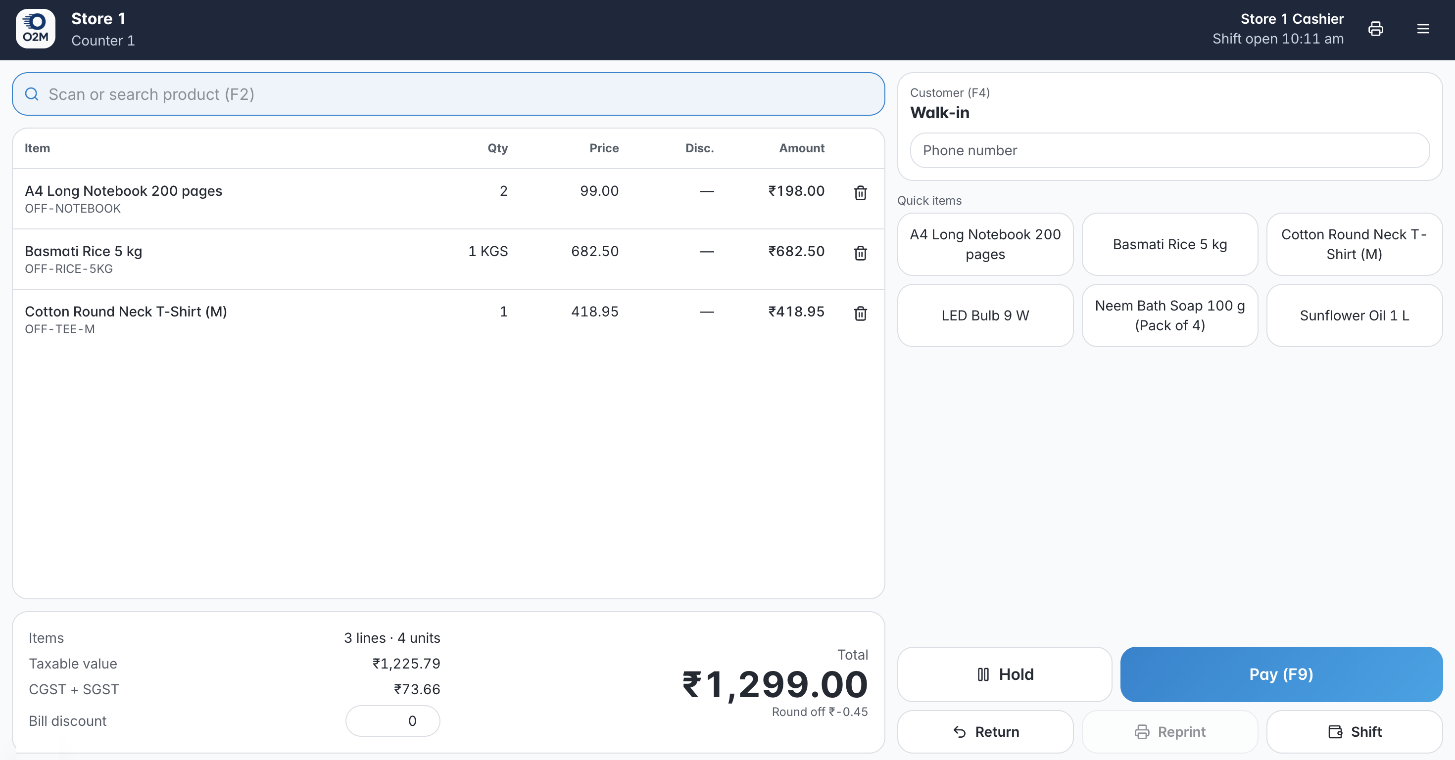 The counter: items and totals on the left, customer, quick items and Pay on the right