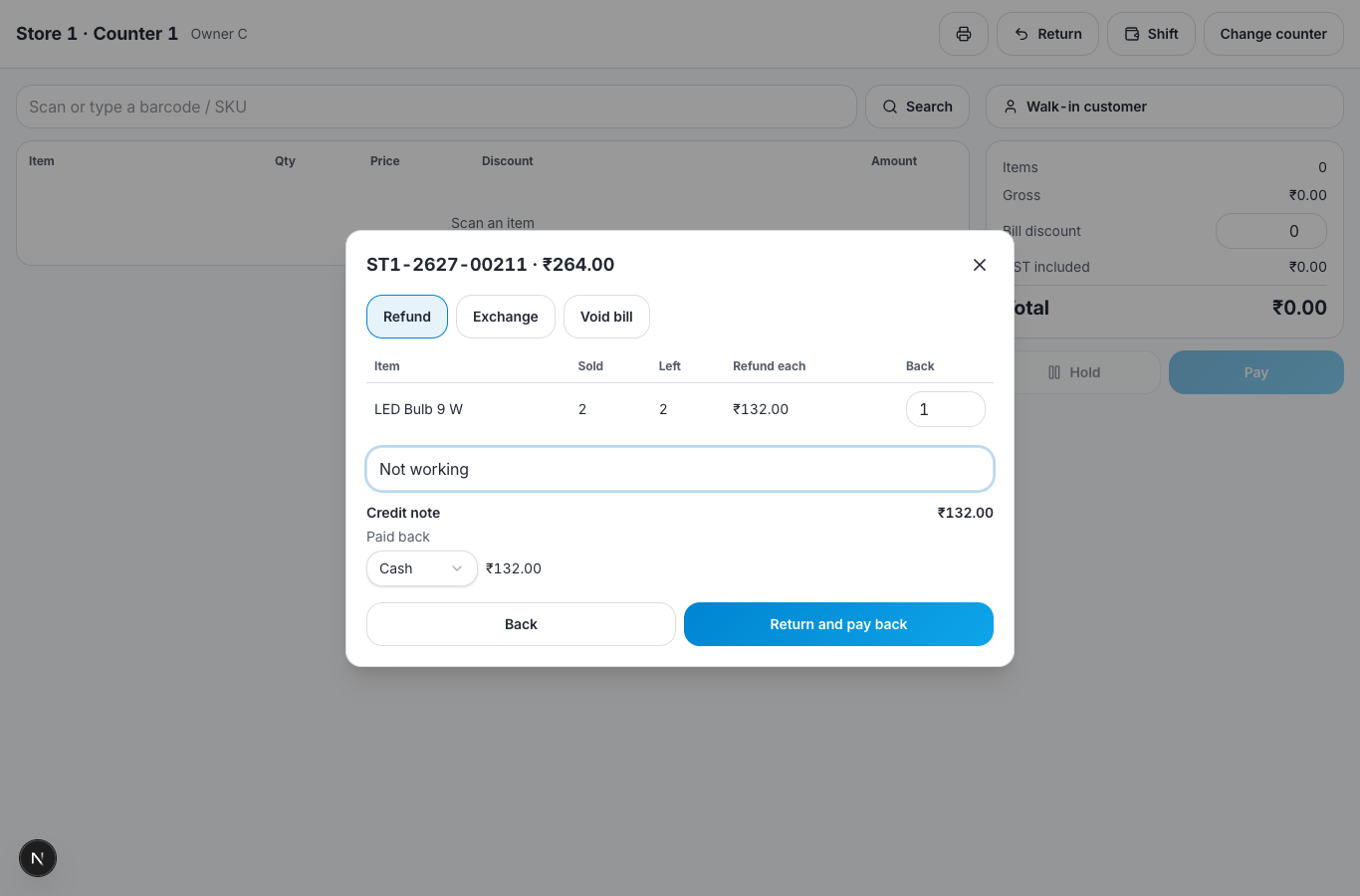 Return: a credit note and money paid back