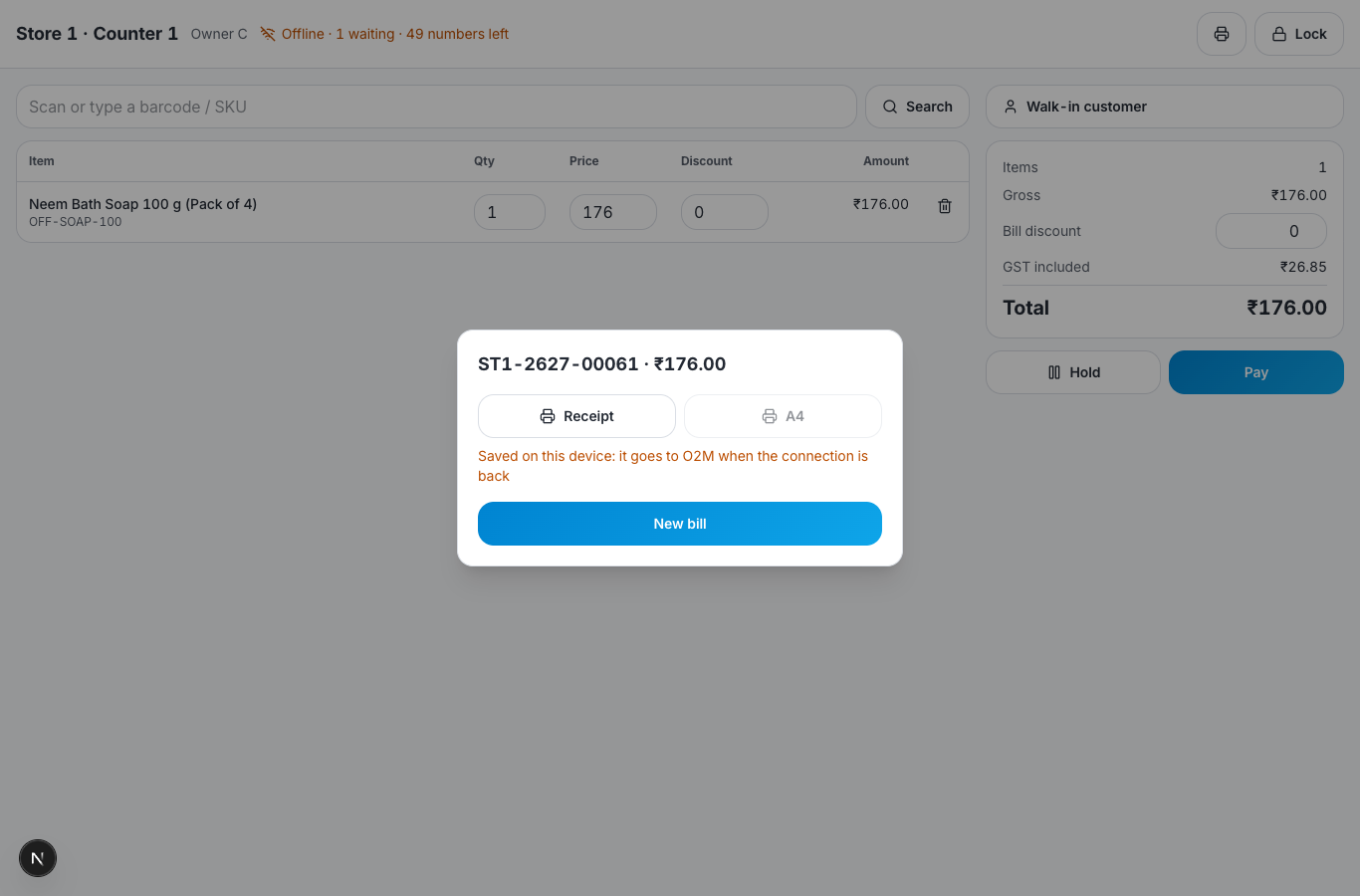 A bill saved on the device while offline