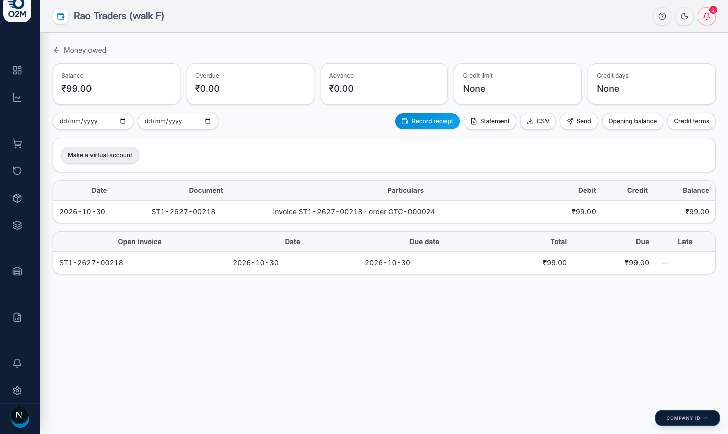 Customer ledger and open invoices
