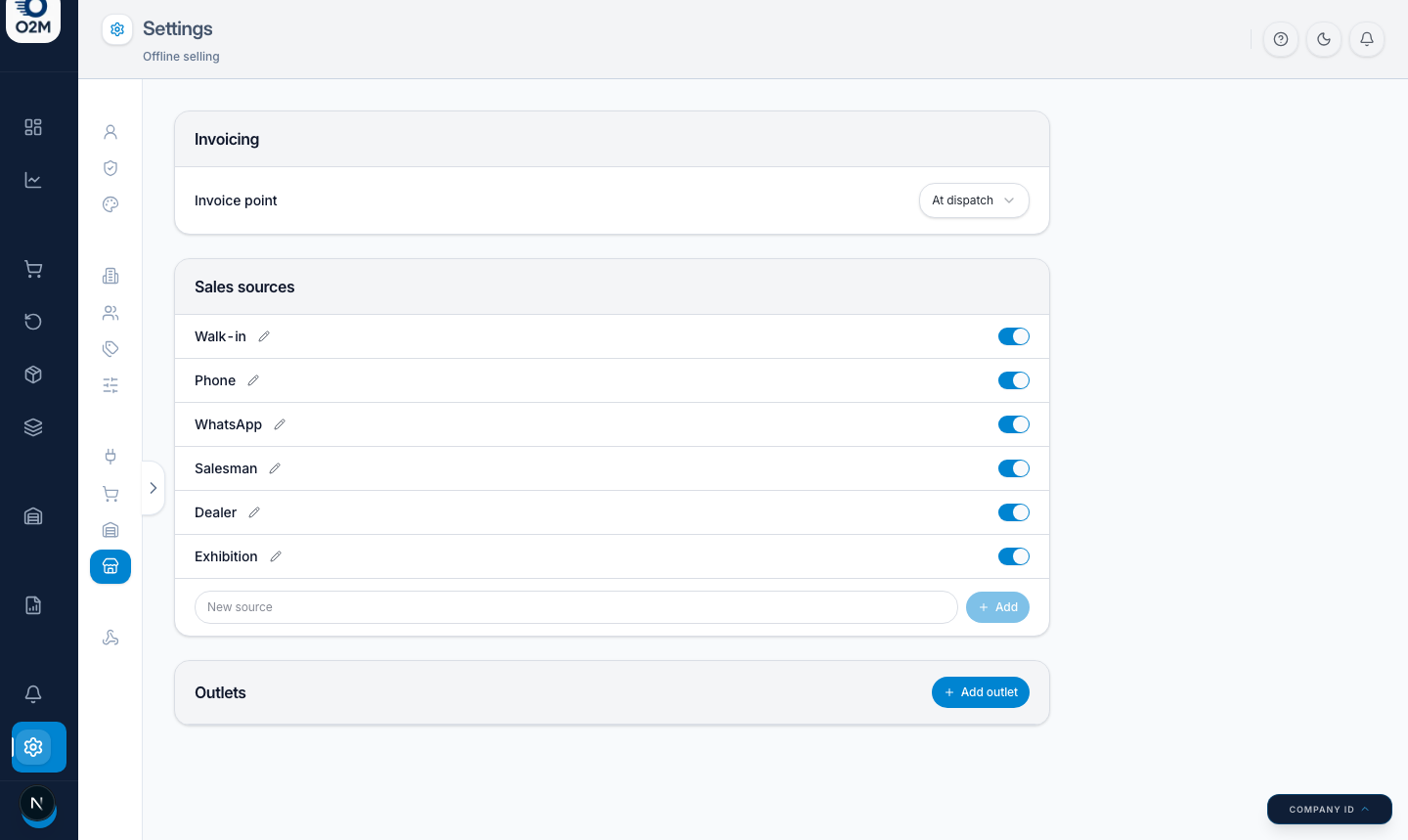 Settings → Offline selling