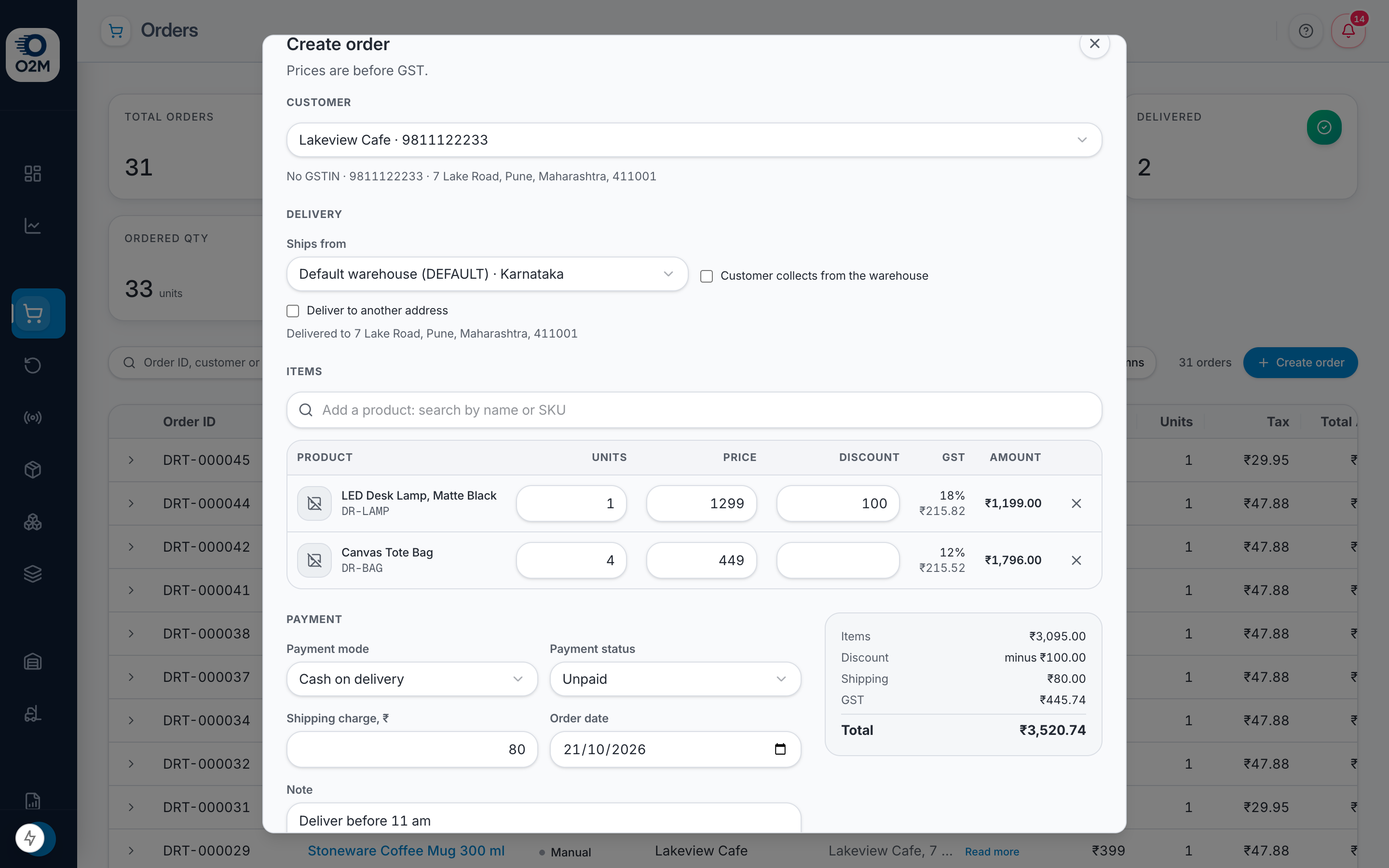 The Create order window