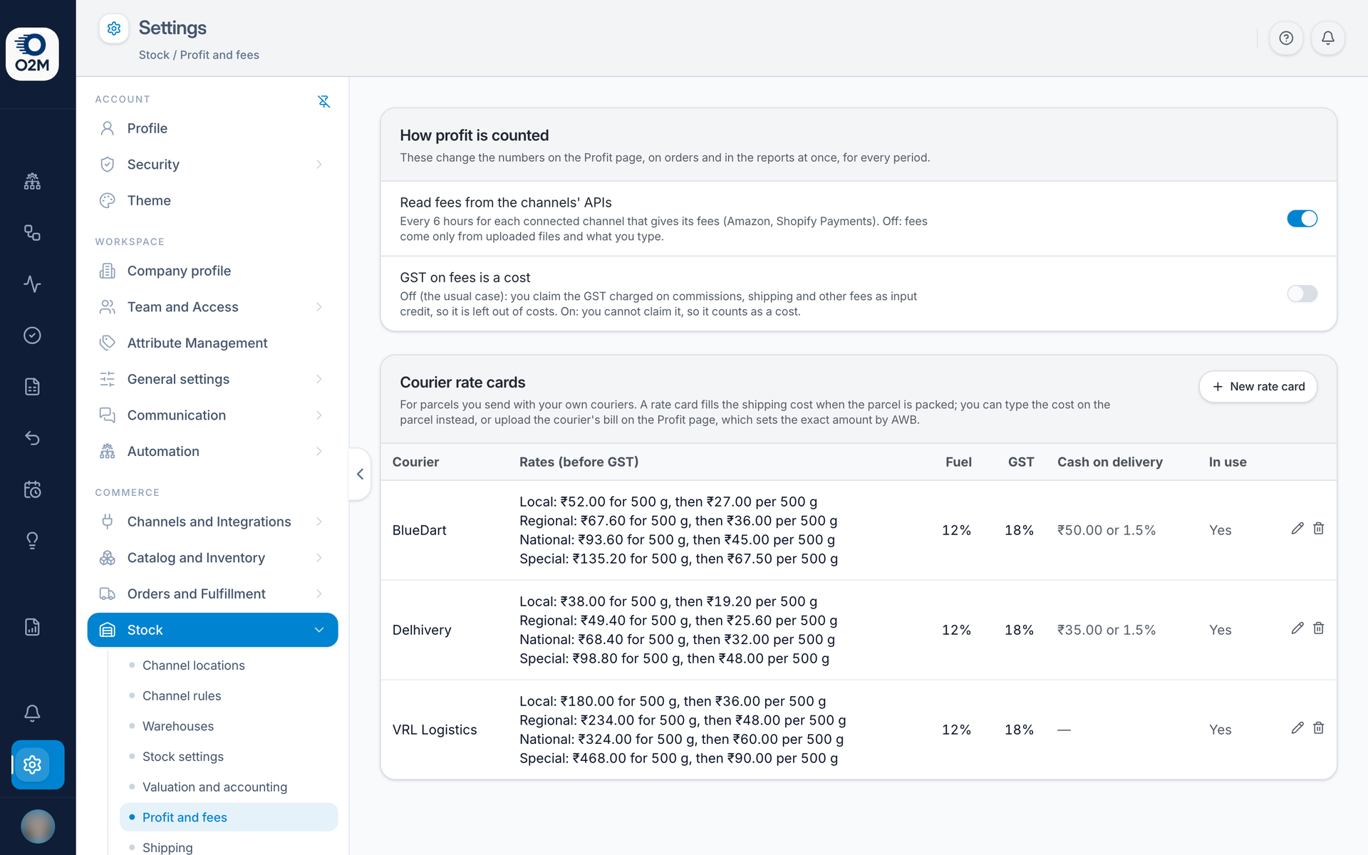 Settings → Stock → Profit and fees.