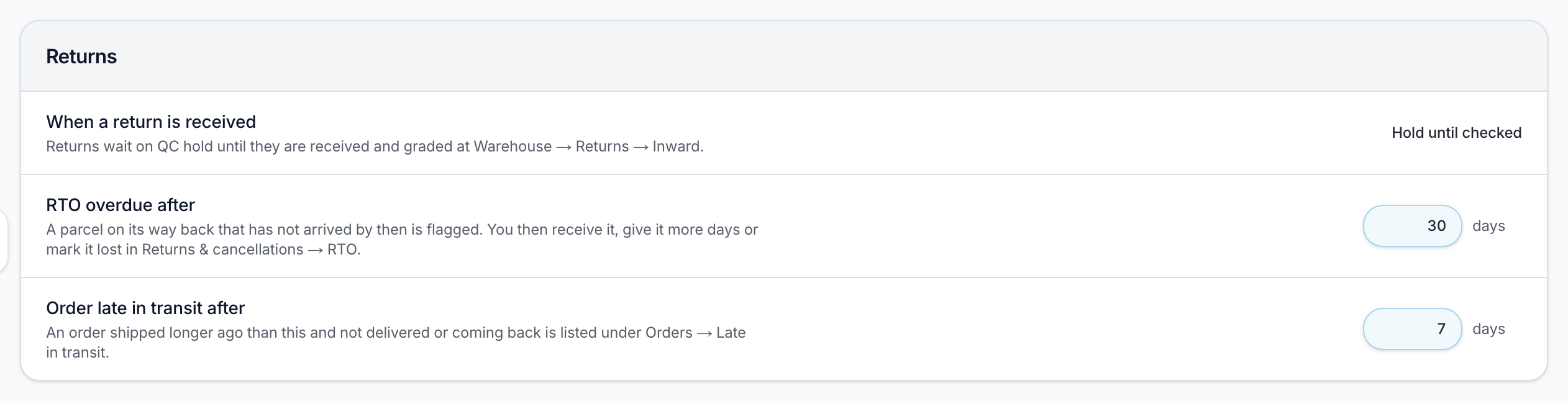 Settings → Stock → Stock settings → Returns