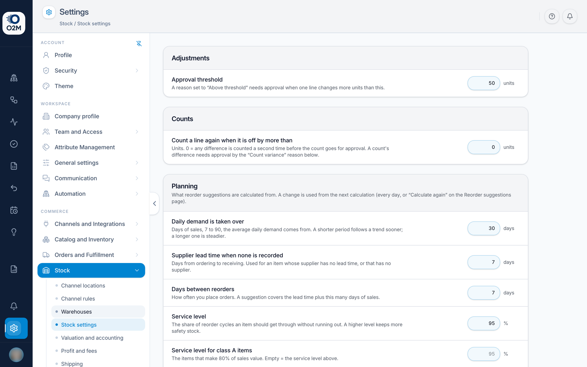 Settings → Stock → Stock settings.