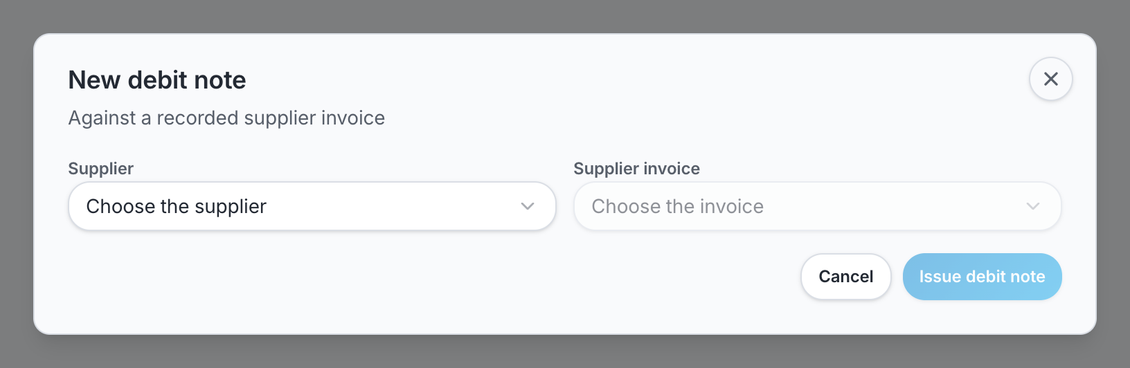 A new debit note starts from the supplier and its invoice