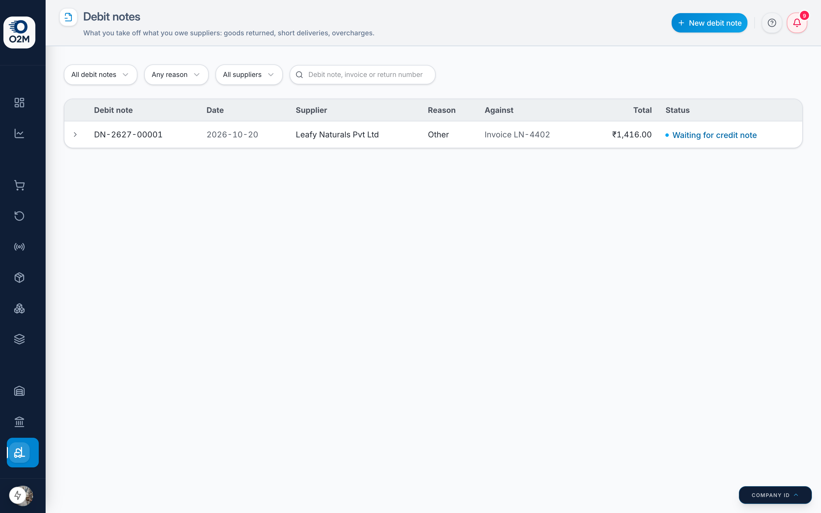 Inbound → Debit notes