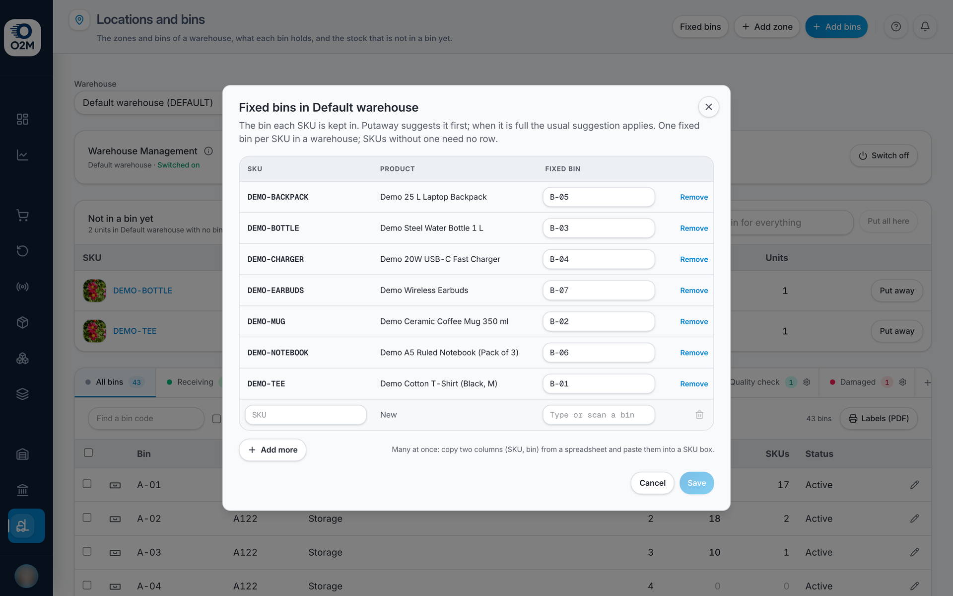 Fixed bins: paste SKU and bin pairs.