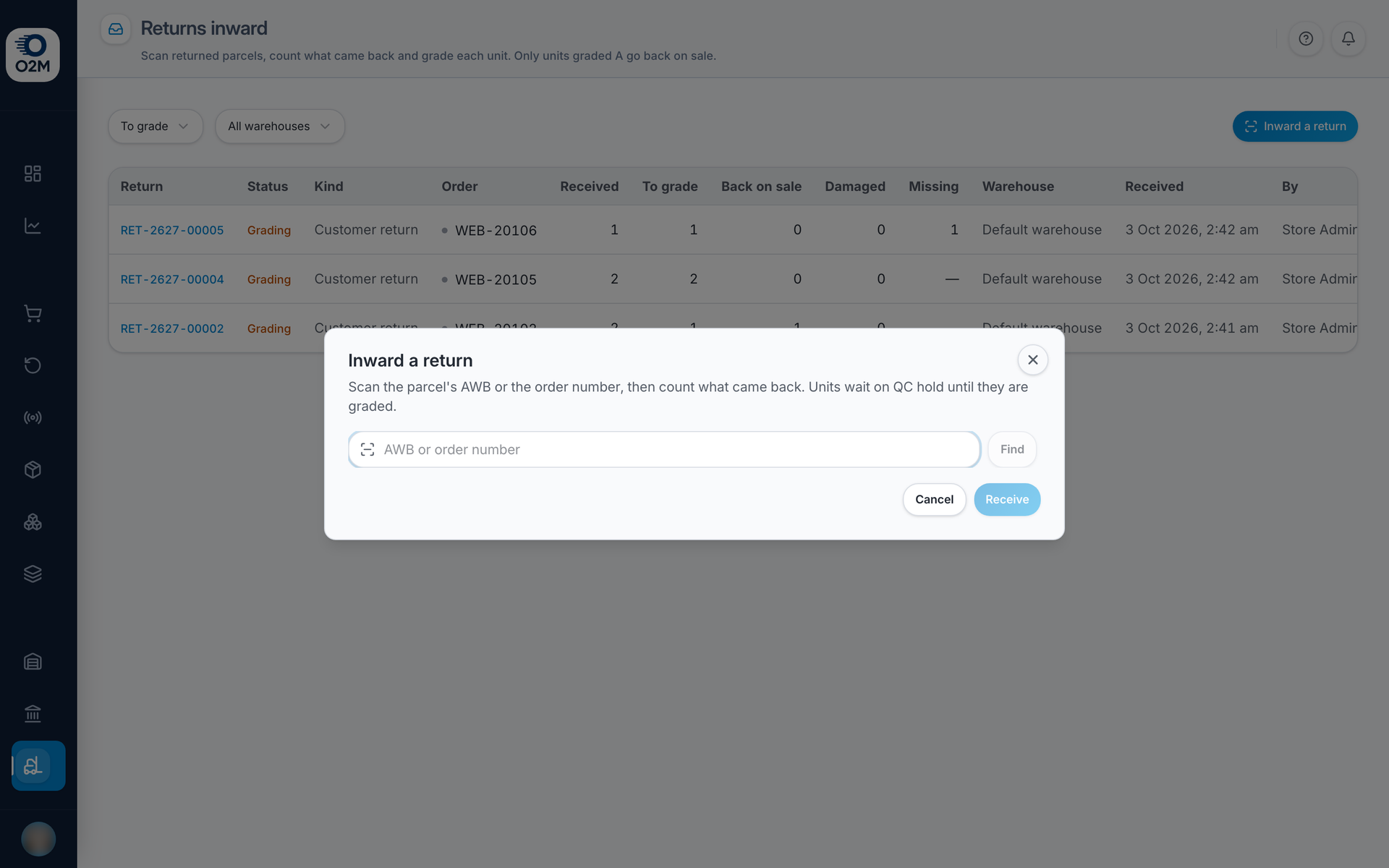 Inwarding a return: find the order, record what came back and grade it.