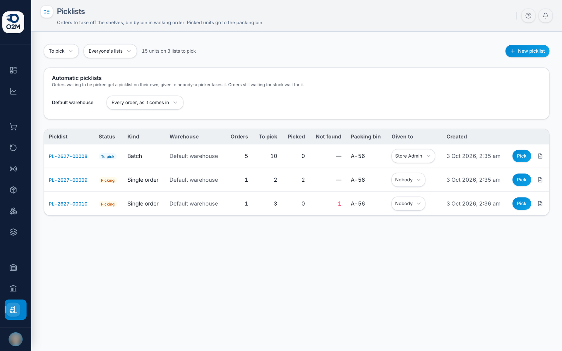 A picklist opened: bins in walking order and units to pick.