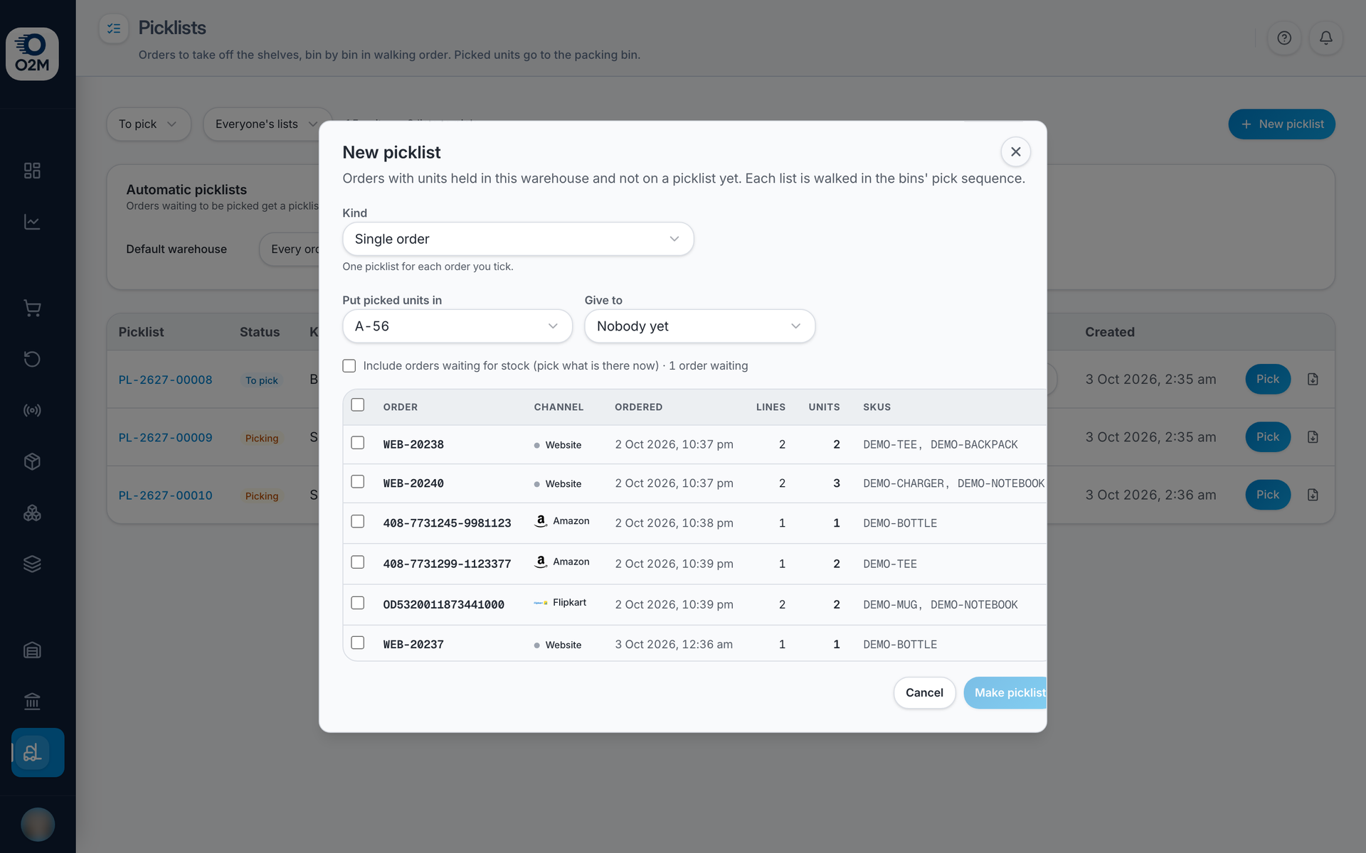 Creating a picklist: kind, orders and picker.