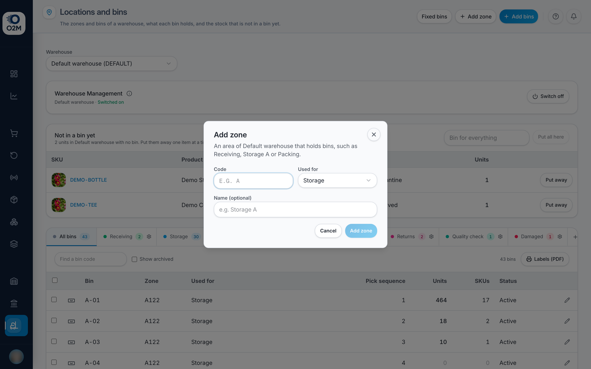 Locations and bins → Add zone.