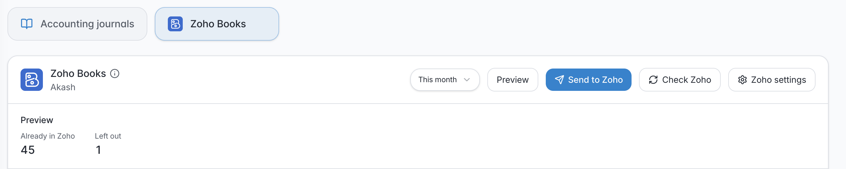 Accounting export → Zoho Books tab: the preview before sending.