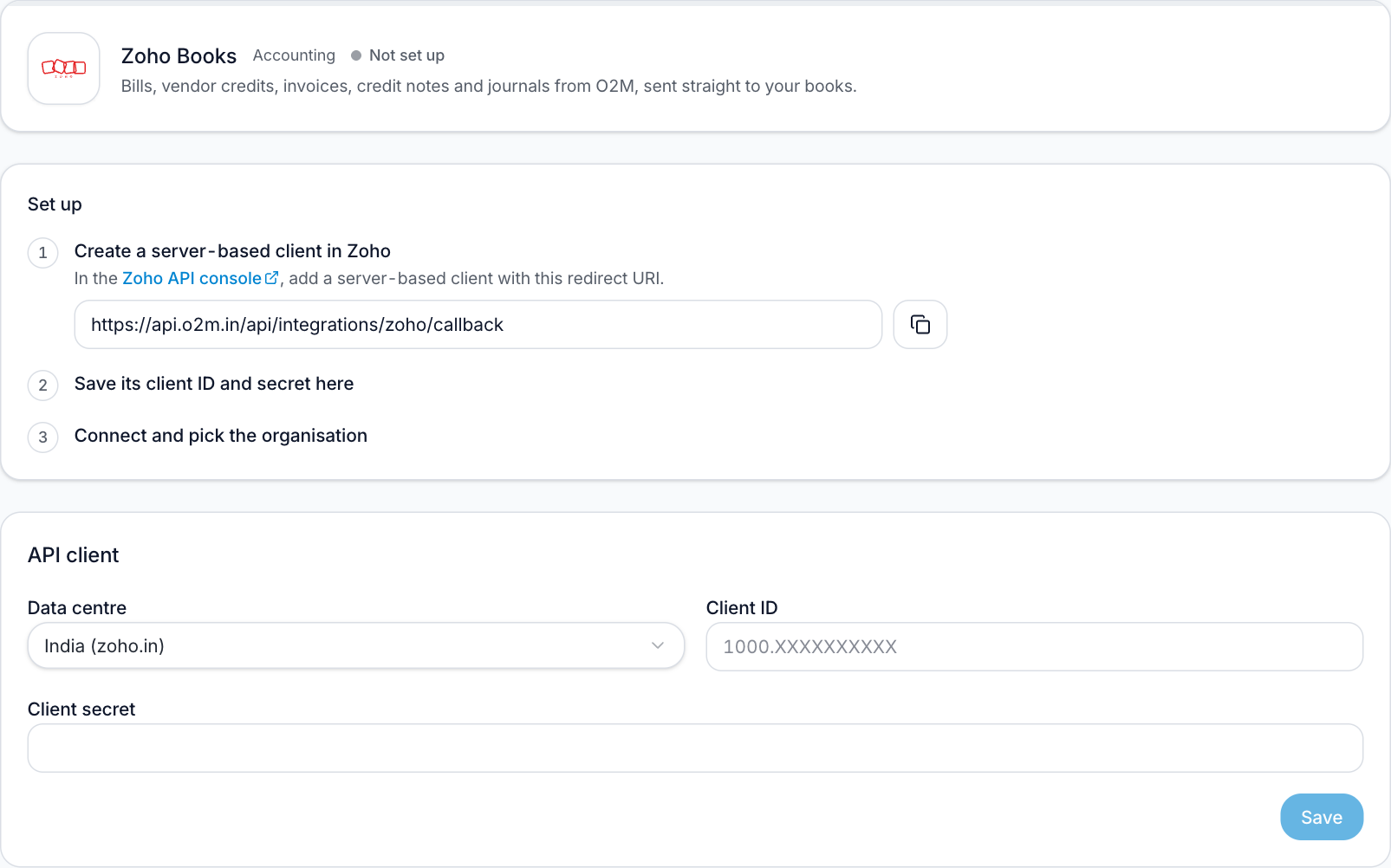 Settings → Marketplace and Integrations → Integrations → Zoho Books before setup.